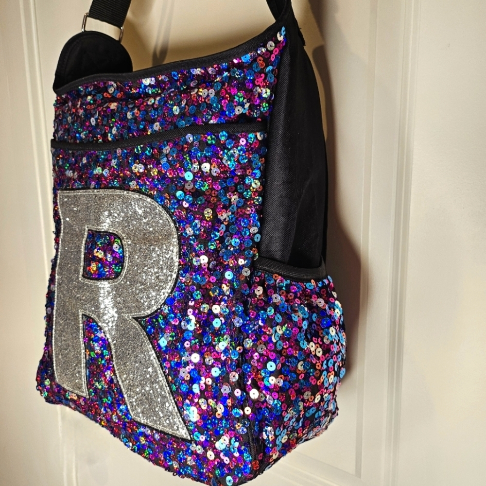 Justice Girls Black Messenger Bag Purple Silver Sequin Initial “R” Crossbody - Picture 4 of 16